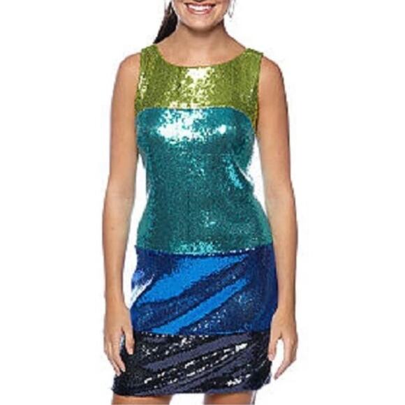 Gabby Skye Blue Green Color Block Sleeveless Sequin Dress, Size 8 - Picture 4 of 11